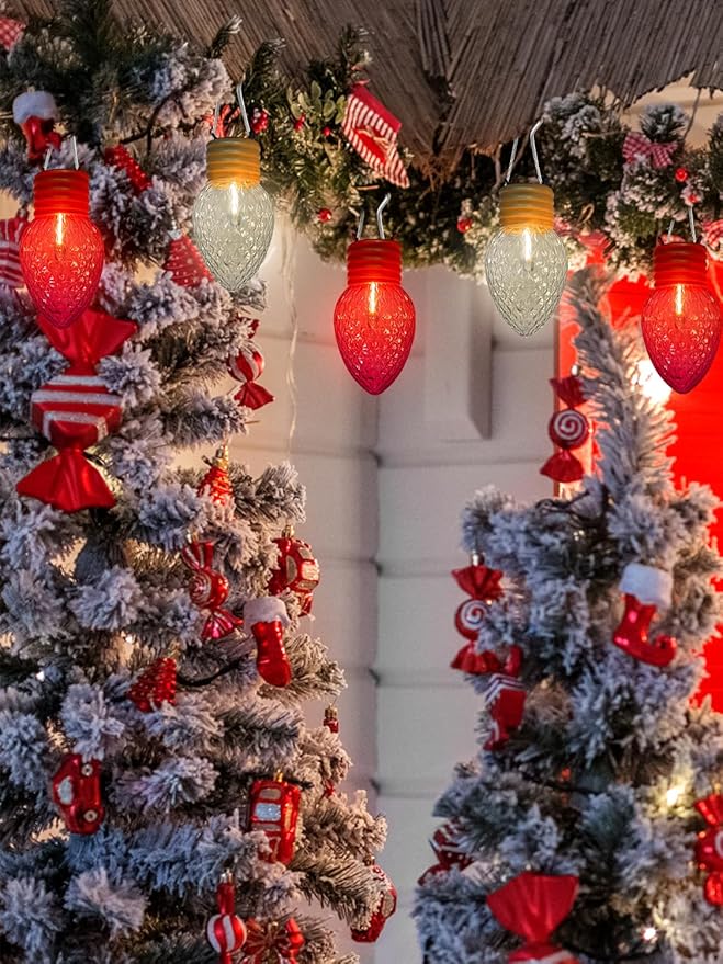 SUNSGNE Red and White Christmas Lights Outdoor, 16FT Colored Christmas Lights with 10 Count 5'' Diamond LED Bulbs for Roofline Patio Balcony Yard Porch Decorations