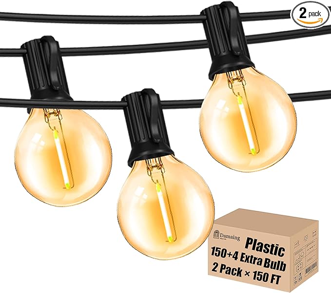 DAMAING Outdoor String Lights 300FT Waterproof Globe String Lights with 150+4 Shatterproof G40 LED Bulbs,Dimmable Connectable Patio Lights String for Hanging Bistro Backyard Gazebo,2-Pack x 150 FT
