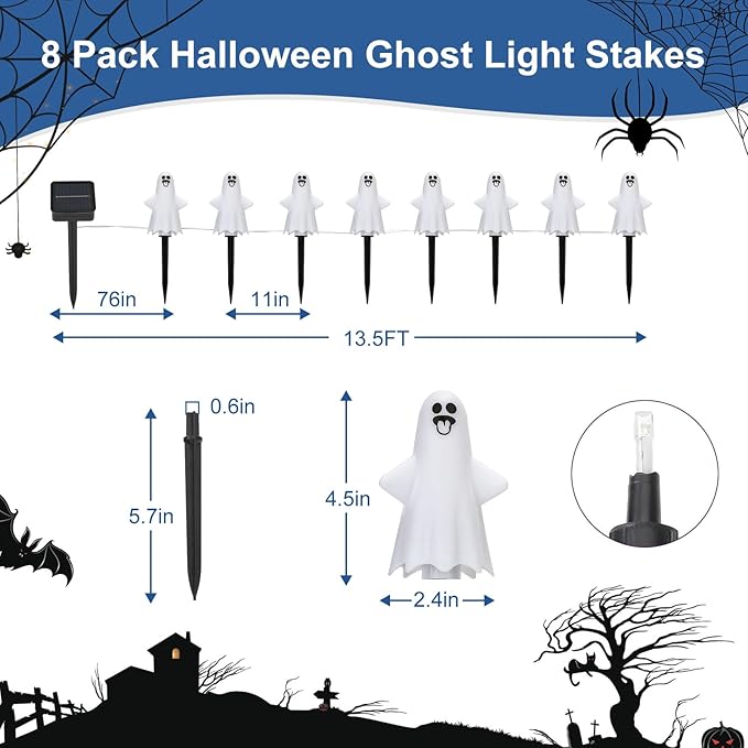 8Pcs Ghost Halloween Decor Pathway Lights Outdoor, Solar Powered Ghost Stake Lights with 8 Lighting Modes, Waterproof Halloween Decorations for Garden/Yard/Patio