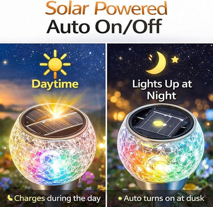 plplaaoo Outdoor Solar Globe Lights – 2 Pcs Cracked Glass Solar Stake Lights with Color Changing LED Bulbs, Waterproof Solars Pathway Light for Garden, Yard & Christmas Decoration (IP65)