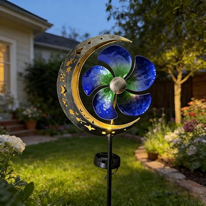 Solar Powered Wind Spinner Stake Light, Warm White LED Moon & Flower Windmill Light, Waterproof Solar Pathway Light for Outdoor Yard, Lawn, Patio, Walkway Decor