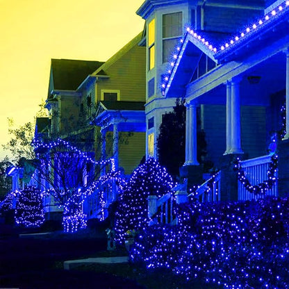 QITONG 2 Pack Blue Solar Christmas Lights, Each 66ft 200 LED String Lights Outdoor Waterproof, 8 Modes Green Wire Solar Twinkle Lights