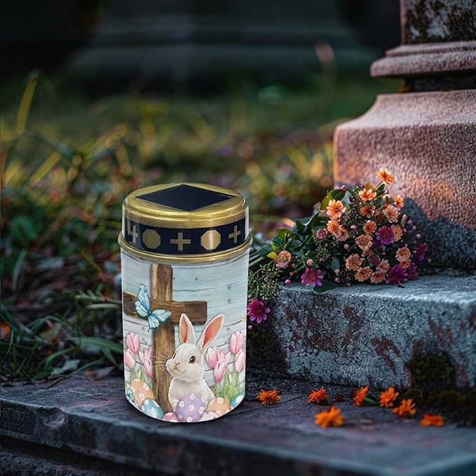 Rabbit Cross Cemetery Lights for Grave Easter Solar Waterproof Decorative Solar Lights Outdoor Garden Pet Graves Outdoor Solar Powered Grave Lamp Memorial Gift Decor 2 Pack