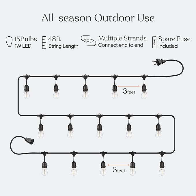 Brightech Ambience Pro LED String Lights Plus Outdoor Smart Dimmer Plug with Remote Control - 48 Ft Commercial Grade Patio Lights Outdoor Waterproof