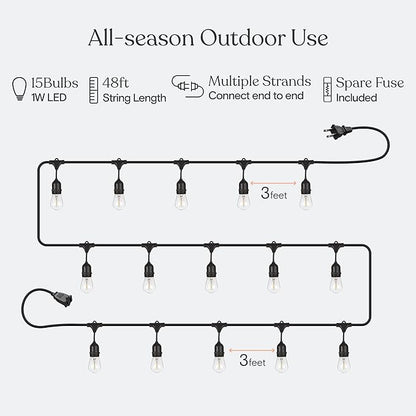 Brightech Ambience Pro LED String Lights Plus Outdoor Smart Dimmer Plug with Remote Control - 48 Ft Commercial Grade Patio Lights Outdoor Waterproof