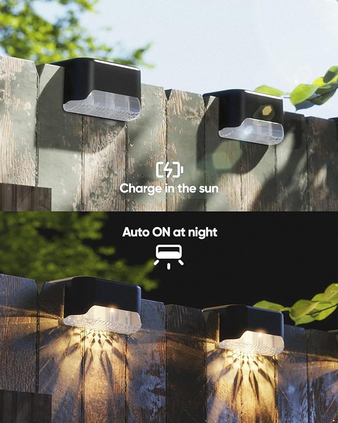 JACKYLED Solar Deck Lights 4 Pack Solar Fence Light Solar Powered Outdoor Step Light IP65 Waterproof LED Pathway Light for Deck Fence Railing Garden Patio StairYard, Black