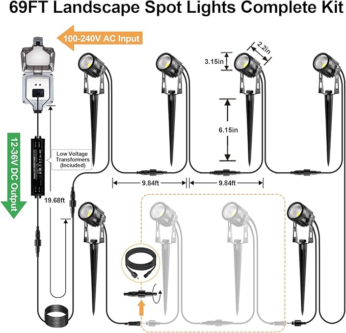 Outdoor LED Landscape Lighting 3W 12V Low Voltage Landscape Lights, 2700K 1800LM Landscape Lights with Transformer IP65 Waterproof, Landscape Spotlights for Garden Yard Lawn Decorative(6 Pack)