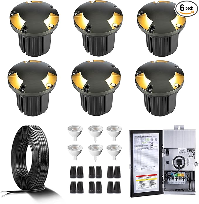 Gardenreet Brass In Ground Lights Kit(6 Pack) with 150W Low Voltage Transformer & MR16 Bulb & 100Feet Wire & | Lumora