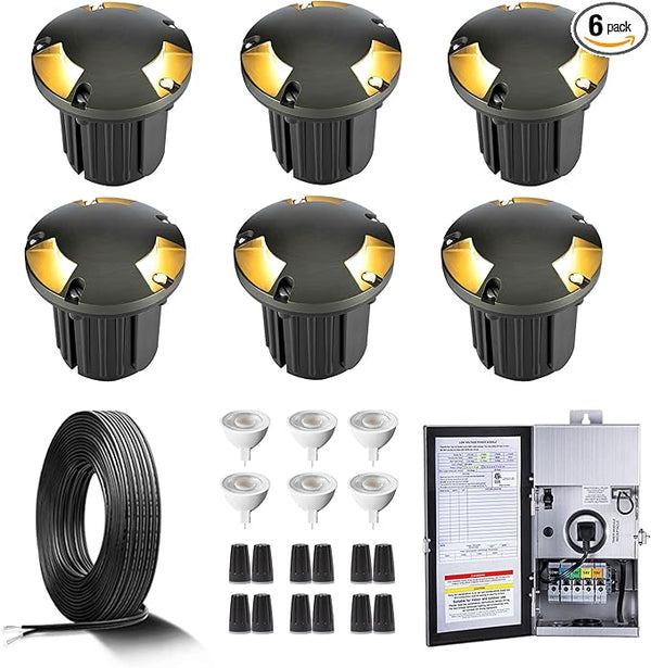 Gardenreet Brass In Ground Lights Kit(6 Pack) with 150W Low Voltage Transformer & MR16 Bulb & 100Feet Wire & | Lumora