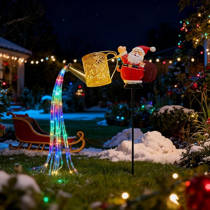 Christmas Solar Kettle Lights, Light Solar Santa Claus Watering Can LED Light, Waterproof Solar Powered Lawn Decorative Lights for Outdoor Christmas Pathway Decoration (Rainbow B, Kettle Lights)