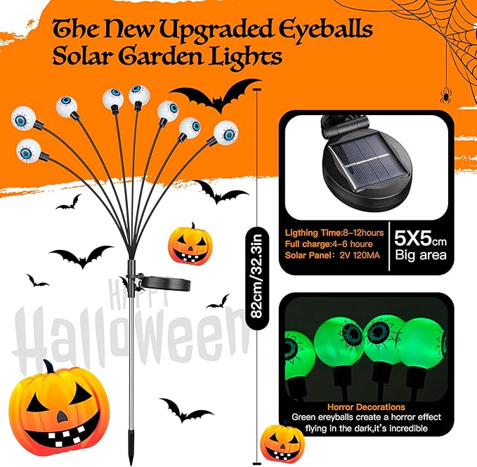 Flumy Halloween Decorations Outdoor, 2 Pack 16LED Solar Eyeball Lights, Scary Decor Lights Waterproof, for Backyard Landscape Lawn Solar Lightning, Garden Pathway Halloween Party Yard Patio