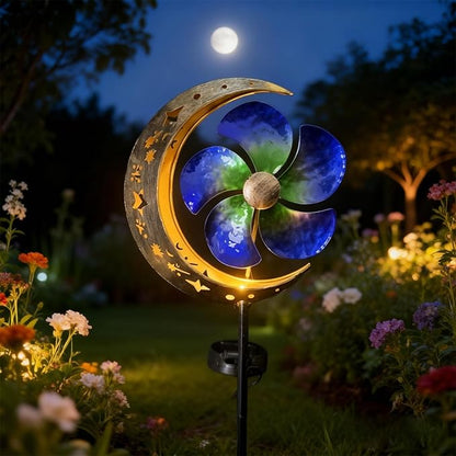 Solar Powered Wind Spinner Stake Light, Warm White LED Moon & Flower Windmill Light, Waterproof Solar Pathway Light for Outdoor Yard, Lawn, Patio, Walkway Decor