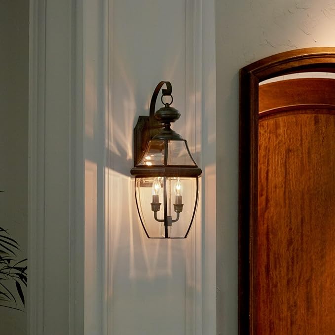 Quoizel Newbury Outdoor Wall Lantern, 20 Inch 2-Light Medici Bronze Wall Sconce, French Country Exterior Wall | Lumora
