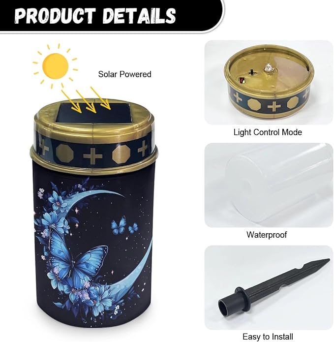 Butterfly Moon Floral Solar Garden Lights,Solar Decorative Lights,Waterproof Solar Outdoor Lights,Solar Stake Lights for Cemetery Grave Garden Patio Yard Lawn Decoration