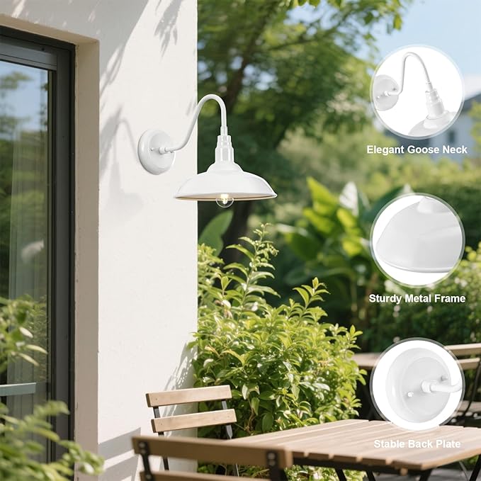10'' Diameter Outdoor Gooseneck Barn Light Fixture with Wall Mount, White Exterior Waterproof Porch Barn Door Wall | Lumora