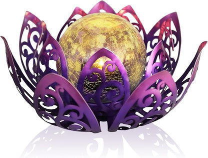 Bshine Solar Outdoor Garden Lotus Decorative Light, Waterproof Metal Cracked Glass Globe LED Lotus Light for Tabletop Decor, Walkway, Lawn Ornaments and Garden, Housewarming Gift (Purple)