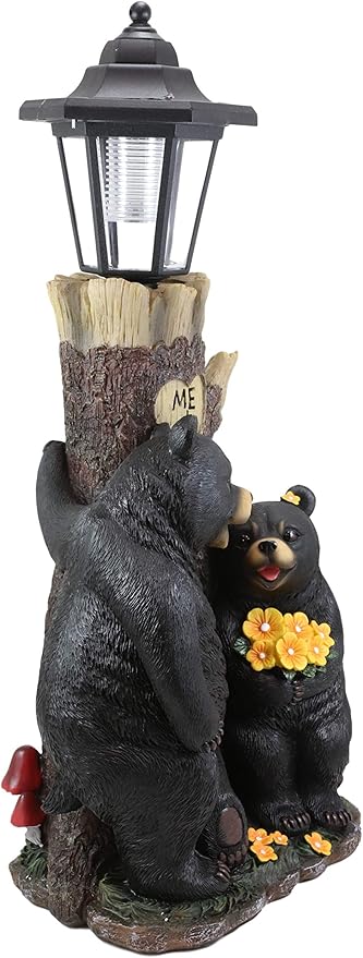 Ebros Love is in The Air Me + U Rustic Forest Black Bear Couple Courtship Dating Outpost Statue with Solar LED Light Lantern Path Lighter As Garden Decorative Sculpture of Bears Valentines Accent