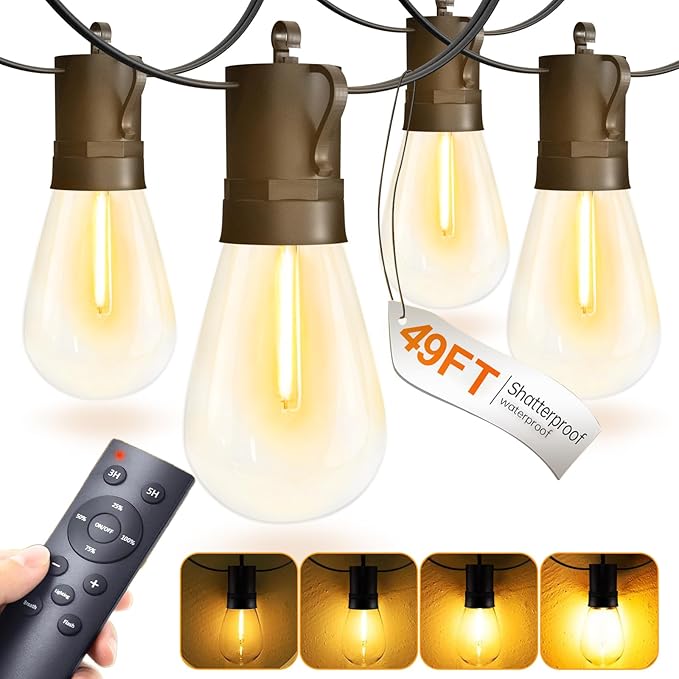 LED String Lights Outdoor 15M, Dimmable Waterproof Patio Lights with Remote, 24V S14 Shatterproof Edison Bulbs, 3 Modes Connectable for Garden, Backyard, Porch, Balcony, Deck