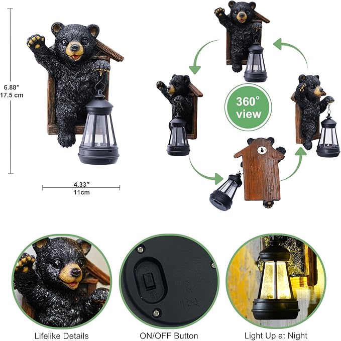 Bear Tree Hugger with Solar Lantern - Resin Bear Statue for Outdoor Garden Decor - Ideal Housewarming & Birthday | Lumora