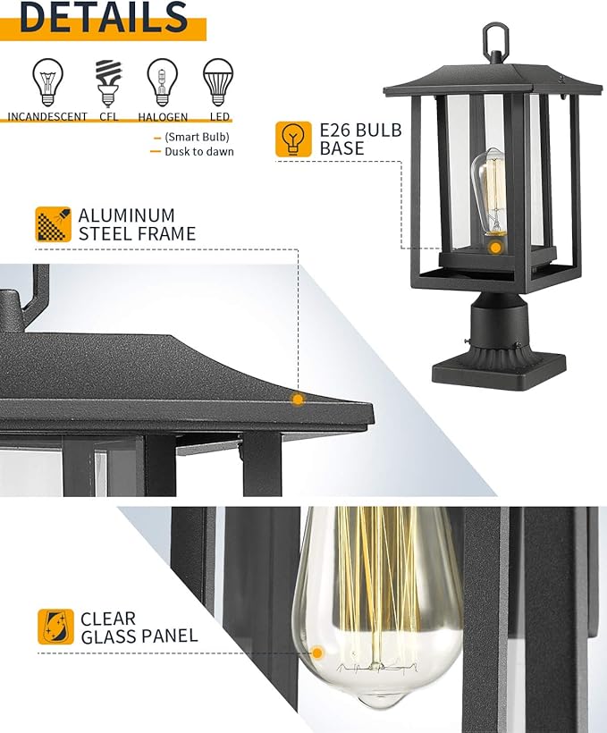 Beionxii Outdoor Post Lights, Large Exterior Lamp Post Light Fixture with Pier Mount Base, Black Cast Aluminum | Lumora