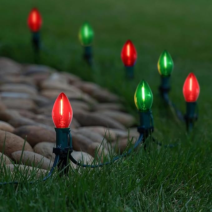 C7 LED Christmas Lights, 25FT Classic Christmas String Lights with 27 Clear Red and Green C7 LED Bulbs(2 Spare), Hanging Lights for Outdoor Patio Wedding Party Decor, Green Wire