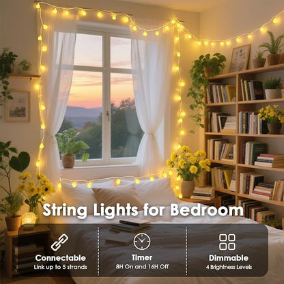 LORRYTE Connectable 43FT 100LED Globe String Lights | 8 Modes Warm White String Lights Plug in with Remote | Hanging Fairy Light for Indoor Outdoor Bedroom Party Classroom Christmas Tree Decor