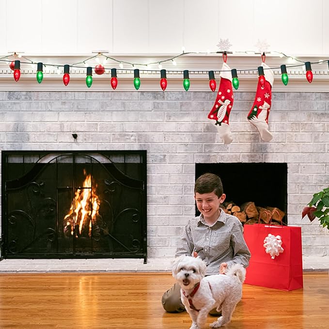 25FT C9 Red & Green Vintage Christmas Lights Outdoor, Waterproof Outdoor Hanging Xmas Lights with 26 Incandescent | Lumora