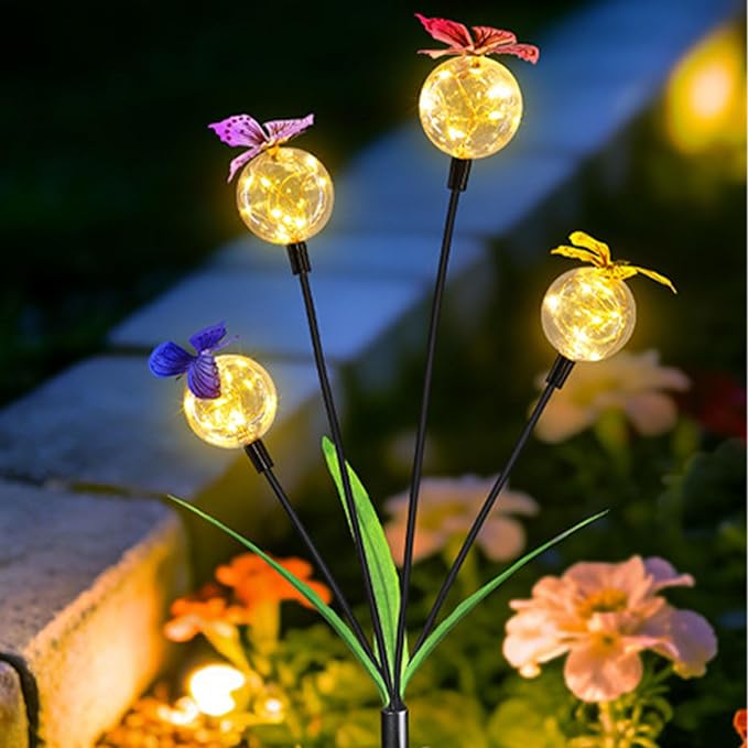 Solar Garden Lights, 2 Packs Butterfly Bulb Path Light, Warm Light Firefly Swaying Lights, Waterproof Outdoor Decoration for Lawn Yard Garden Patio Walkway Ground (Warm Light)