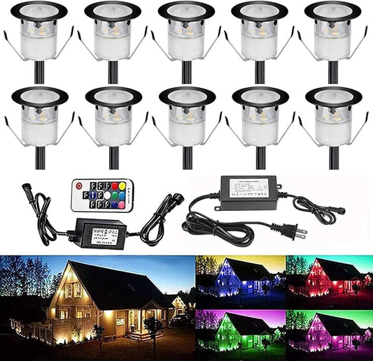 Low Voltage LED Deck Light Kit Multi-Color RGB Waterproof Recessed Wood Decking Stairs Garden Yard Patio Decor Lamp Black Border Outdoor LED Landscape Lighting (10pcs)