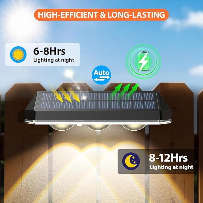 Solar Fence Lights Outdoor for Christmas Decorations, LED Deck Light Solar Powered for Outside Yard/Railing/Pathway/Patio/Step, IP65 Waterproof, 3 Lamp Beads, 8 RGB Colors, Auto ON/Off (8Pack)