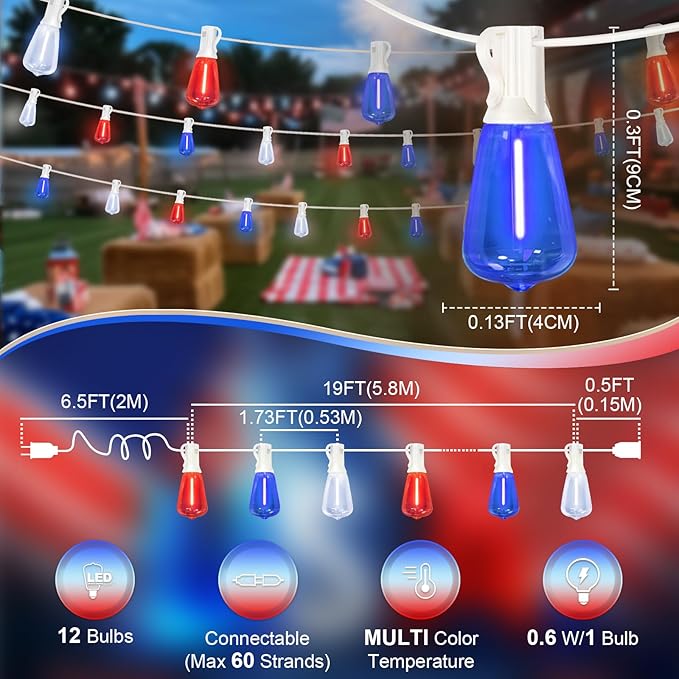 LAMPHOME 4-Pack 26Ft ST38 Outdoor Red White Blue String Lights, Patriotic Patio Light with 12+1 ST38 Edison Bulbs | Lumora