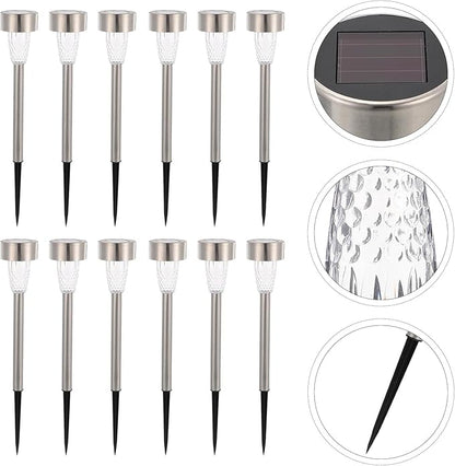 12pcs Stainless Steel Solar Pathway Lights Warm White Outdoor Yard Garden Lawn Stake Lighting Waterproof Solar Powered Landscape Decor