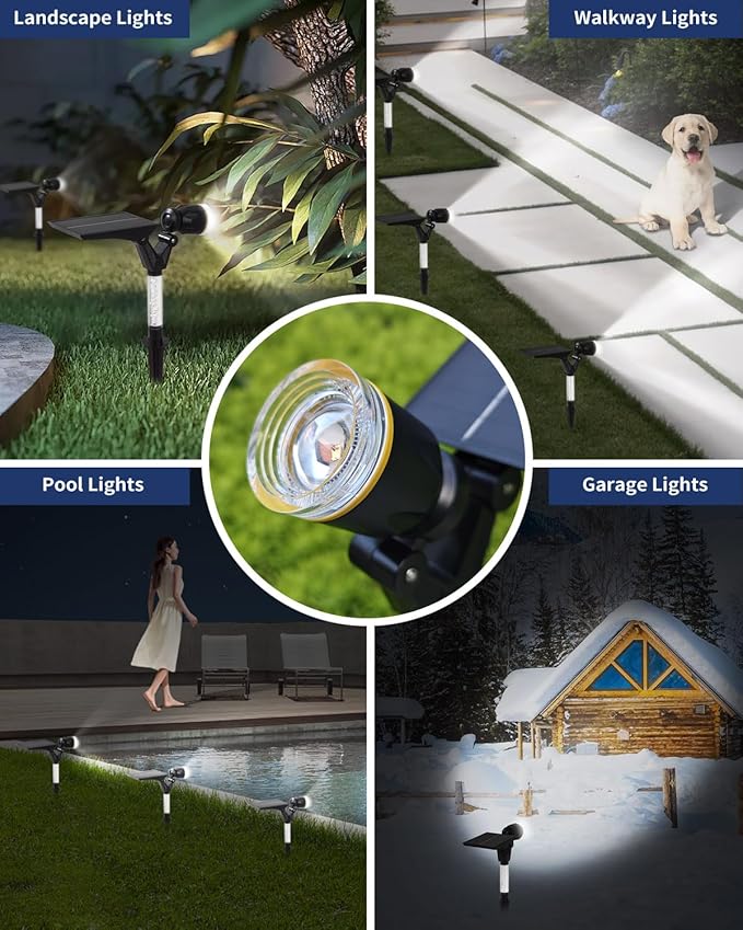 Solar Spot Lights Outdoor Waterproof IP65, 180 Lumens 5000K Cool White Solar Powered Outdoor Lights, Smart Circuit for All-Night Illumination Outdoor Solar Lights for Yard, House, Garden, Pathway, 4PK