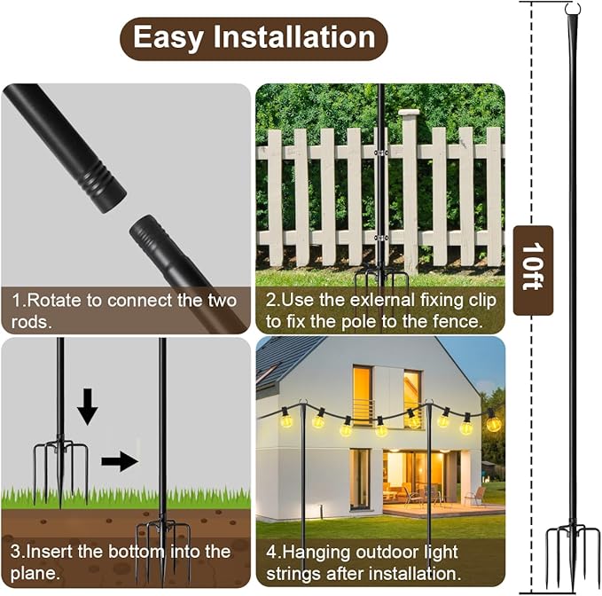 2 Pack 10FT Lighting Hanging Pole for Outside, Waterproof Hardened Metal Outdoor String Light Poles for Patio | Lumora