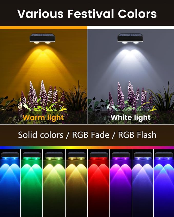 Solar Fence Lights Outdoor Waterproof, 80 Lumens Solar Lights for Fence with Warm White & RGB 8 Colors,Outdoor | Lumora