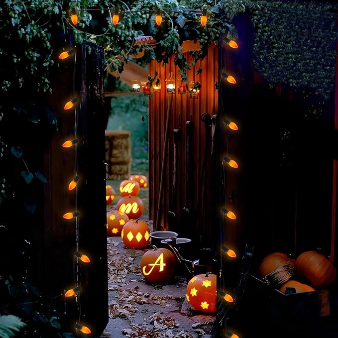 SUNSGNE C9 LED Halloween Orange String Lights 25FT Outdoor String Lights with 27 0.6W LED Plastic Bulbs(2 Spare) for Patio Garden Roofline Backyard Decorations, Black Wire
