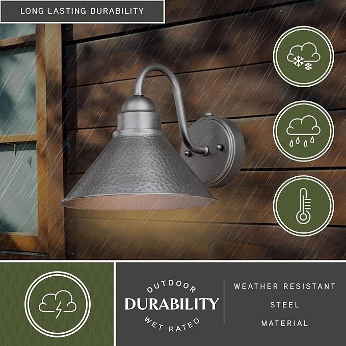 VAXCEL Outland 9 in. H 1-Light Brushed Pewter Dusk to Dawn Sensor Farmhouse Outdoor Wall Sconce, Gooseneck Metal Shade, LED Compatible, Dark Sky Compliant for Exterior Porch Patio Front Door or Garage