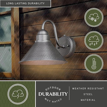 VAXCEL Outland 9 in. H 1-Light Brushed Pewter Dusk to Dawn Sensor Farmhouse Outdoor Wall Sconce, Gooseneck Metal Shade, LED Compatible, Dark Sky Compliant for Exterior Porch Patio Front Door or Garage