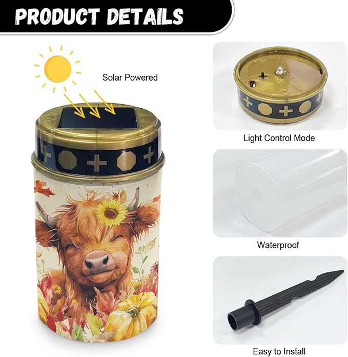 Sunflower Highland Cow Solar Lights Outdoor Waterproof 4 Pieces Lights Garden Lantern for Yard Patio Walkway Thanksgiving Decor Solar Lights Wall Light Auto On/Off