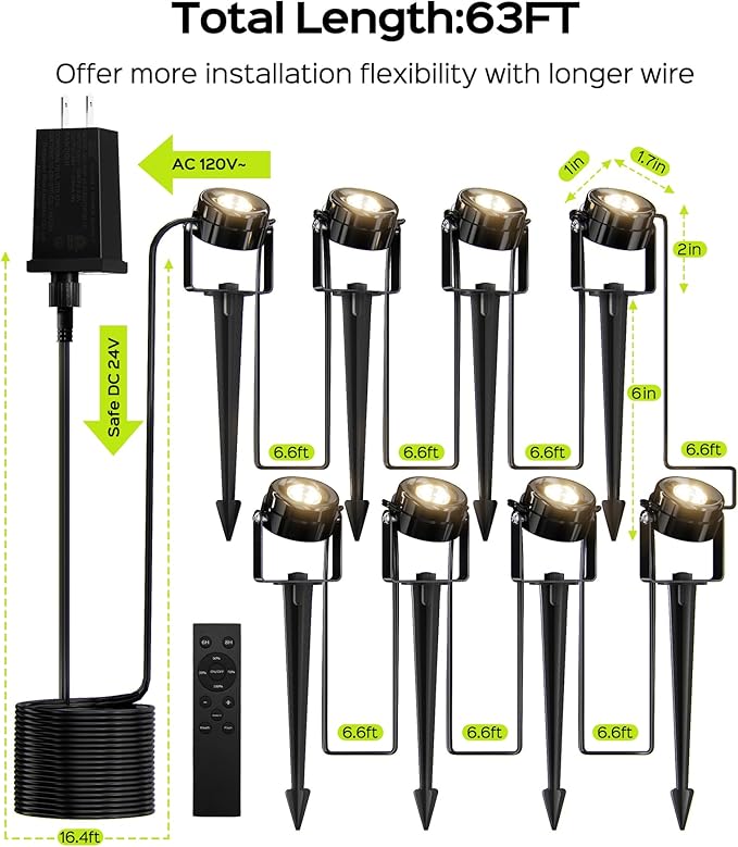 JACKYLED 8-Light LED Low Voltage Landscape Lighting, 9W Outdoor Spot Lights with Adapter, 3000K Warm White, ON/Off | Lumora