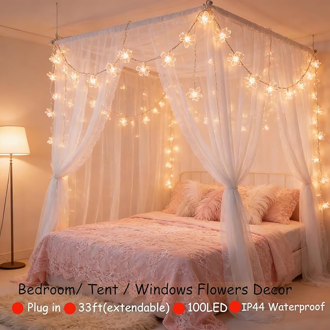 Fairy Flower String Lights Indoor Bedroom Decor, 33 ft 100 LED Artificial Cherry Blossom Lamp Indoor Outdoor Wall Window Garden Hanging Decorations for Christmas Wedding Birtday Party (Warm White)