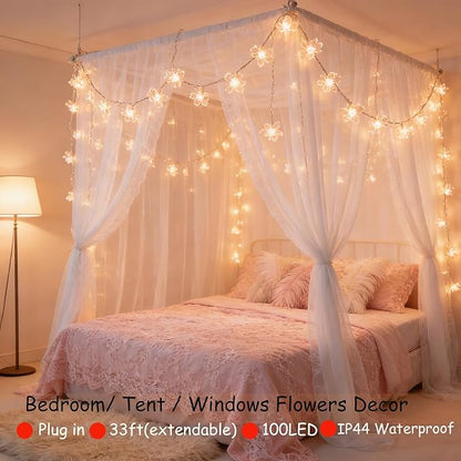 Fairy Flower String Lights Indoor Bedroom Decor, 33 ft 100 LED Artificial Cherry Blossom Lamp Indoor Outdoor Wall Window Garden Hanging Decorations for Christmas Wedding Birtday Party (Warm White)
