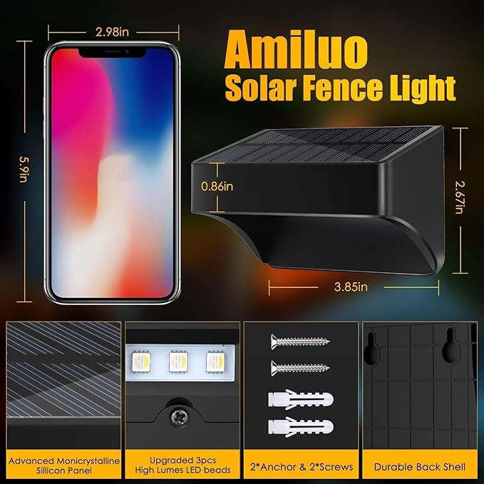 AMKI Solar Lights Outdoor, 4 Pack Solar Fence Light Waterproof with 4 Modes, Warm White & RGB Color Changing Solar | Lumora