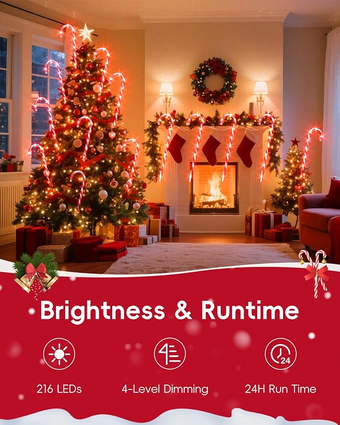 COOLWUFAN 24 Pack 22" Solar Candy Cane Lights Outdoor, 216 Bright LEDs Christmas Pathway Decorations with 4 Brightness Levels, Solar Powered & Waterproof, for Yard Walkway Holiday