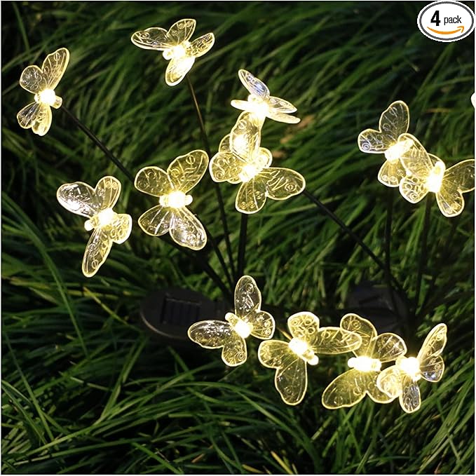 Solar Garden Lights Outdoor Waterproof 4 Pack 32 LED Decorative Warm White Swaying Butterfly Lights Garden Decor Stakes for Outside Yard Pathway Lawn Grave Decor