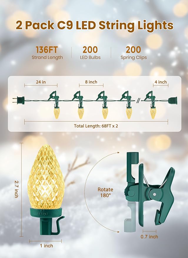 C9 LED Christmas Lights Outdoor, 66 Feet 100 LED C9 String Lights with 100 Spring Clips, Waterproof Connectable Christmas Tree Lights for Outside Roofline Patio Home Xmas Decor, Warm White 2 Pack
