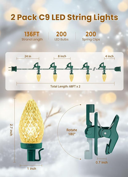 C9 LED Christmas Lights Outdoor, 66 Feet 100 LED C9 String Lights with 100 Spring Clips, Waterproof Connectable Christmas Tree Lights for Outside Roofline Patio Home Xmas Decor, Warm White 2 Pack