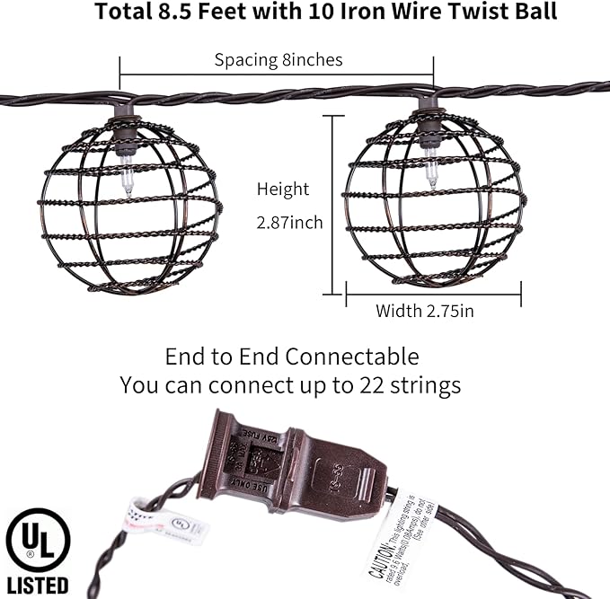Decorative Indoor Outdoor String Lights, 10 Bulbs Patio Globe Vintage Lantern String Light, Iron Wire Twist Ball Covers, UL Listed Plug In Connectable Lights for Bedroom Porch Backyard Mantel Decor