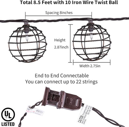 Decorative Indoor Outdoor String Lights, 10 Bulbs Patio Globe Vintage Lantern String Light, Iron Wire Twist Ball Covers, UL Listed Plug In Connectable Lights for Bedroom Porch Backyard Mantel Decor