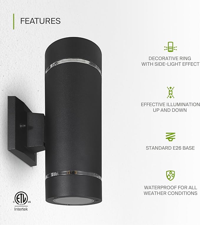 ASD 2 Light Outdoor Wall Light Fixture | 120W E26 Bulb Socket 120V ETL Cylinder Up Down Lights | | Lumora